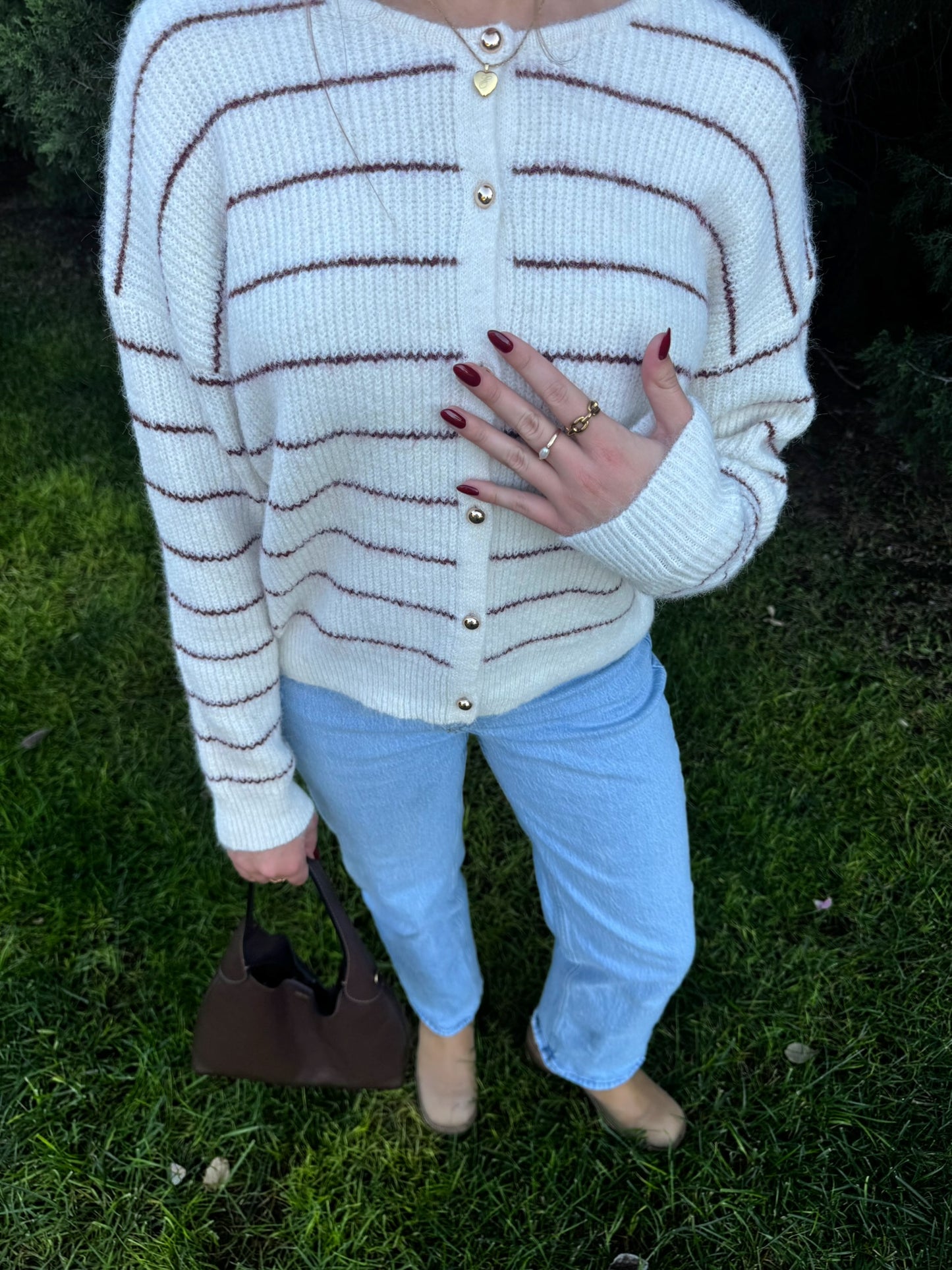 Maroon striped Sweater with gold buttons