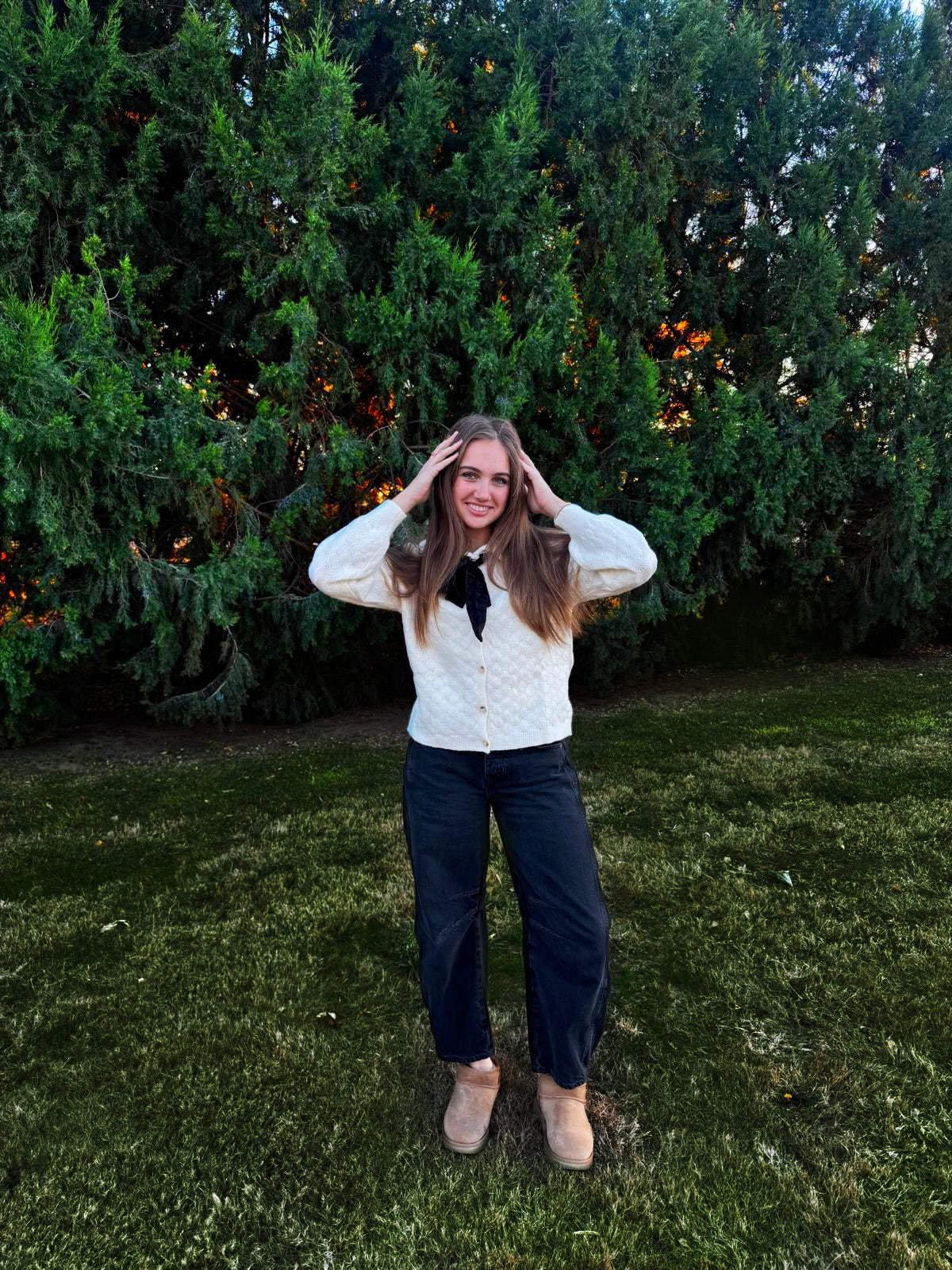 Button-Up Bow Front Collared Long Sleeve Top