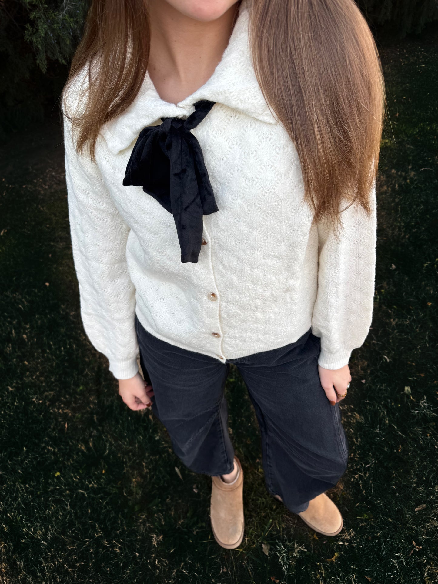 Button-Up Bow Front Collared Long Sleeve Top