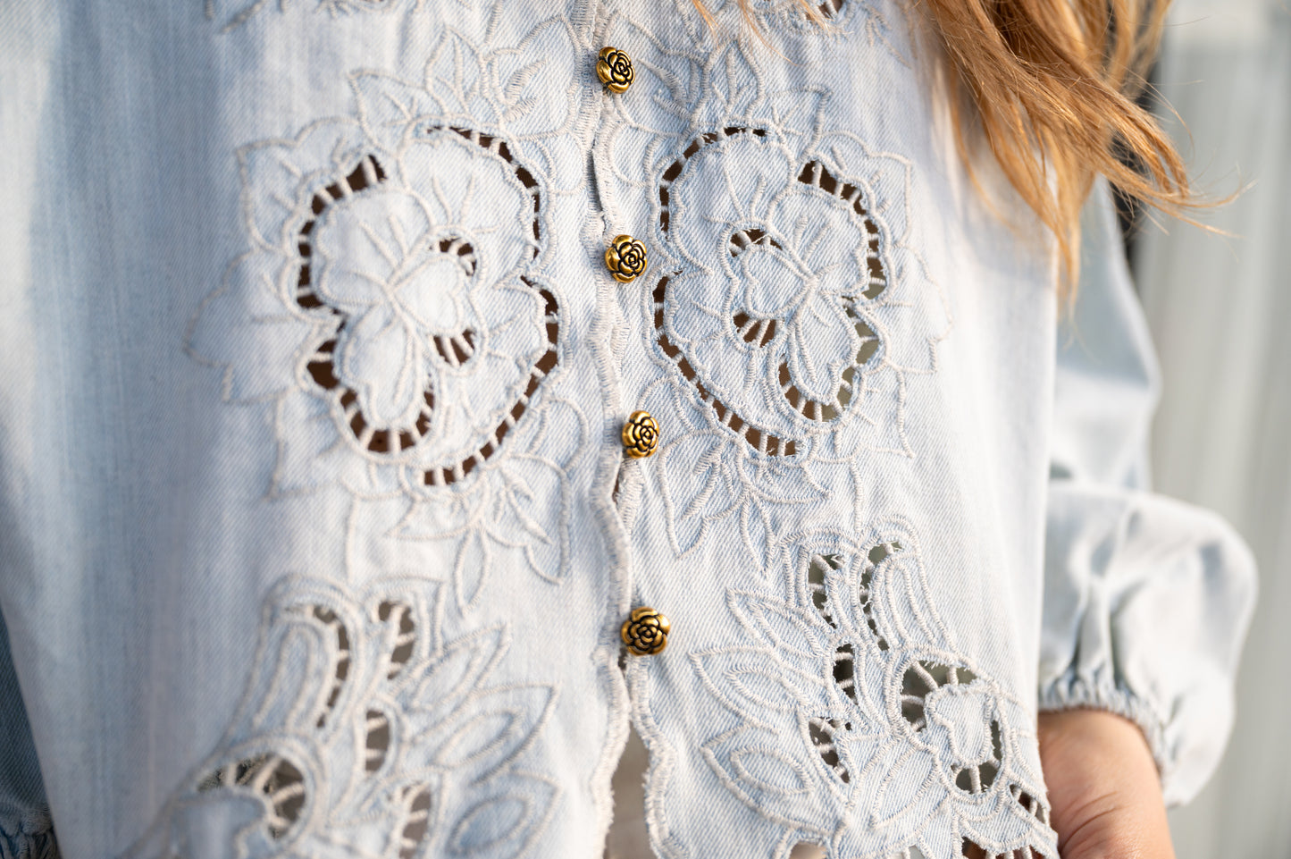 Denim Embroidery Volume Sleeve Top