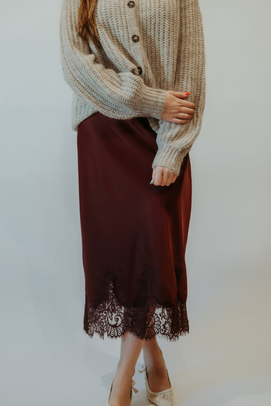 Wine Silk Skirt with Lace