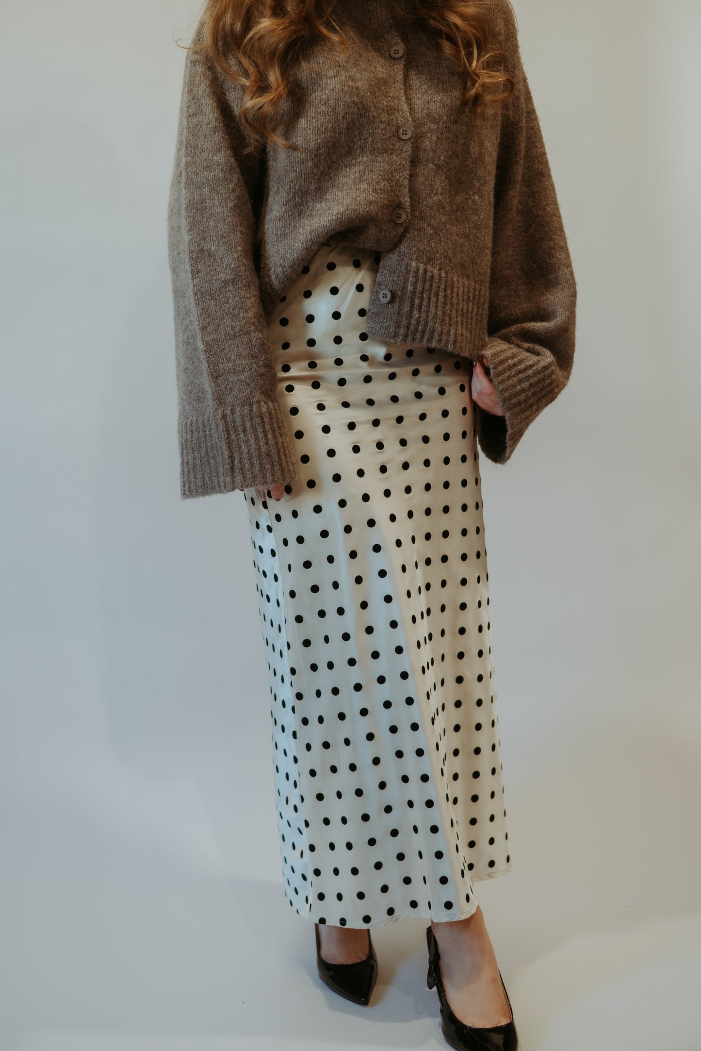 Polka Dot Satin Midi Skirt