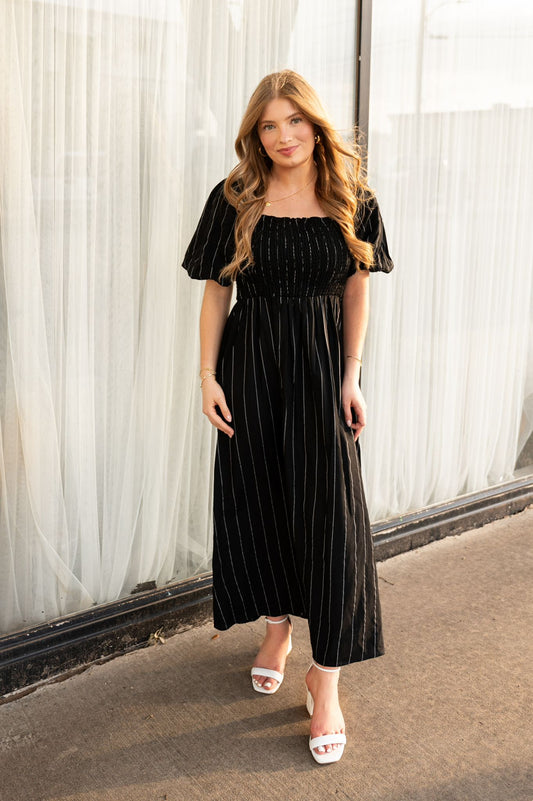 Linen striped puff sleeves midi dress