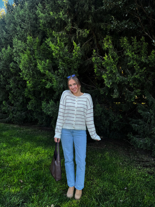 Maroon striped Sweater with gold buttons
