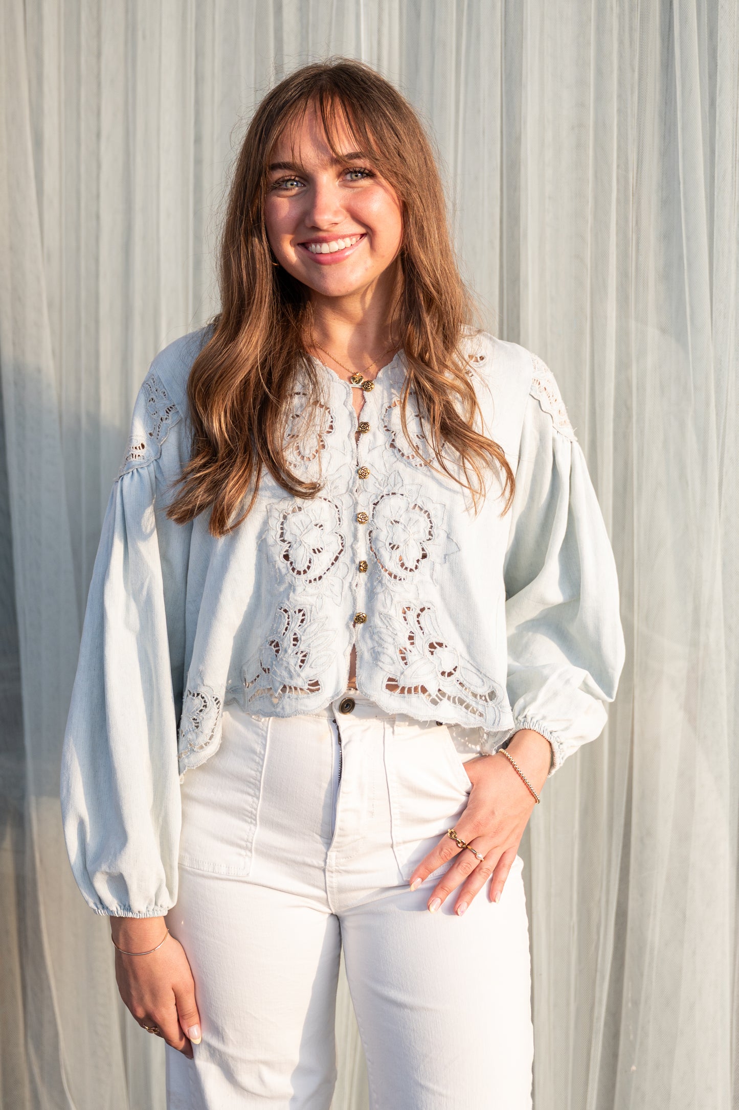 Denim Embroidery Volume Sleeve Top