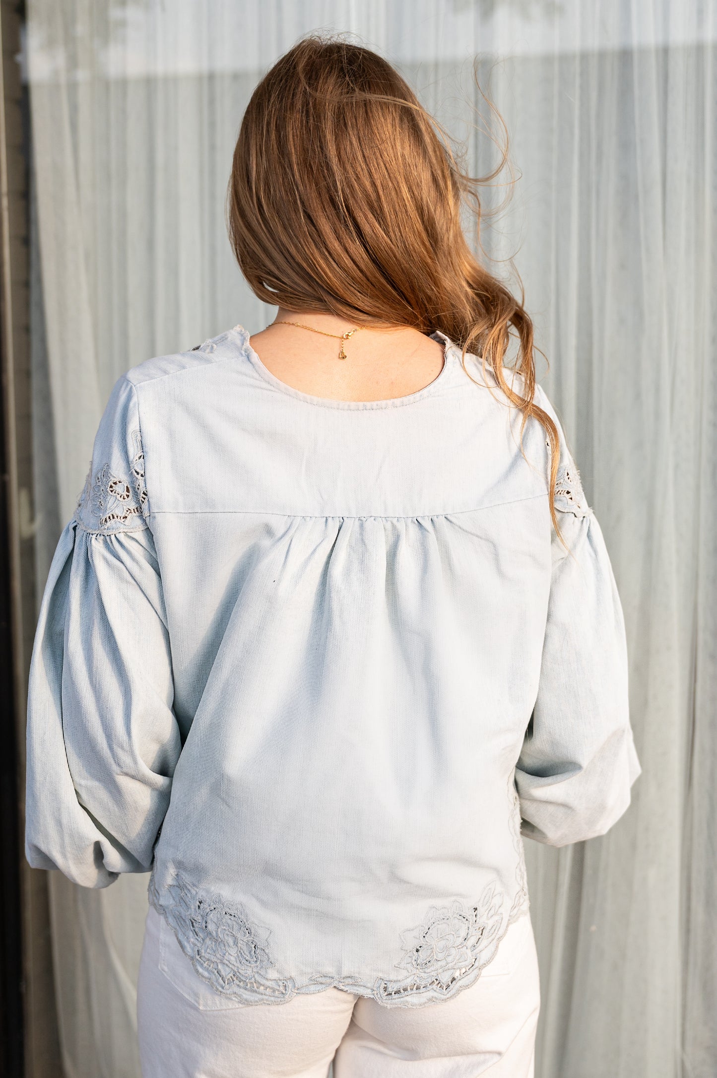 Denim Embroidery Volume Sleeve Top